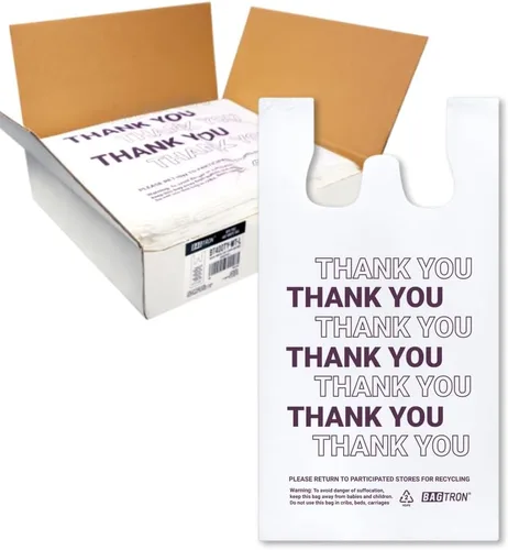 Bolsas de transporte de camisetas de Bagtron con la frase "Thank You", bolsas de plástico desechables con asas para compras y restaurantes, 1/6