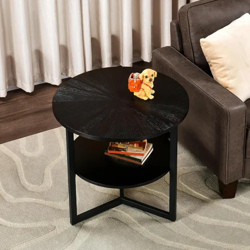 Miniatura 3 de Mesa auxiliar redonda grande con estante de almacenamiento, sofá circular rústico patas de metal negro, mesita de noche de madera maciza, teléfono