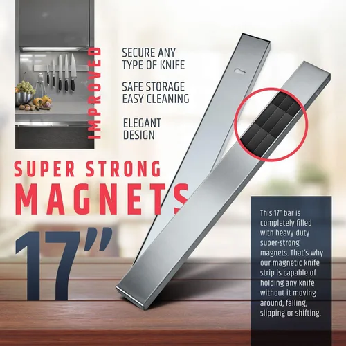 Miniatura 4 de HMmagnets Portacuchillos magnético de acero inoxidable de 17 pulgadas para pared, tira magnética profesional para cuchillos, barra de cuchillos que