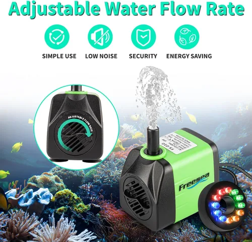 Miniatura 4 de FREESEA Bomba de agua sumergible de fuente: Bomba de acuario ajustable de 10 vatios y 160 GPH con luz LED Tubo de 3.3 pies para estanque al aire