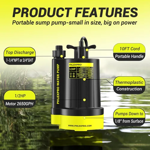 Miniatura 5 de Bomba de agua sumergible automática de 1/2 HP, bomba de sumidero de 110 V sumergible con extracción de agua de 2650 gph, adaptador de válvula