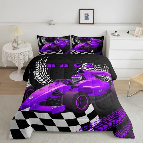 Miniatura 16 de Erosebridal Juego de edredón individual de motocicleta de carreras para niños, juego de ropa de cama de panal con luces de neón azules, motocross