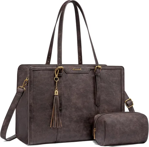 Miniatura 26 de LOVEVOOK Bolsa de mano para laptop para mujer, bolsa de trabajo vintage de 15.6 pulgadas con embrague, bolso grande de cuero para laptop con soporte