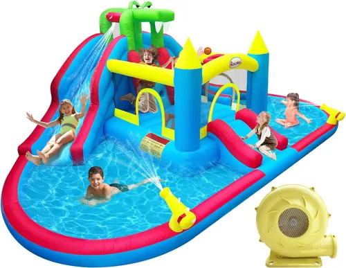 Casa inflable de rebote con toboganes de agua, pozo de doble bola/piscina de agua, estilo cocodrilo, pared de escalada, castillo animoso para niños