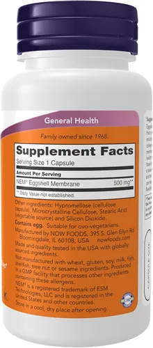 Miniatura 2 de NOW Suplementos, Membrana de cáscara de huevo (una matriz biológica única compuesta de componentes principales de las articulaciones) 500 mg, 60