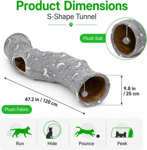 Miniatura 4 de Túnel Tubo para Gatos con Juguetes de Pelotas de Felpa Plegable Auto-Luminoso Fotoluminiscencia, para Mascotas Pequeñas Conejitos Conejos, Gatitos