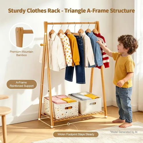 Miniatura 5 de Percheros Pequeños para Colgar Ropa, Percheros de Bambú para Prendas de Niños, Perchero Independiente para Vestidos y Trajes para Dormitorio, Sala