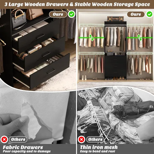 Miniatura 4 de Aheaplus Sistema de Armario con 3 Cajones de Madera, Organizador de Vestuario con Entrada, Estante de Ropa con 4 Barras para Colgar, Perchero, -4R