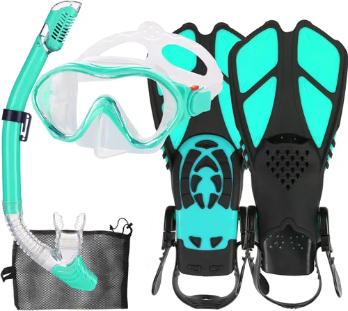 Miniatura 8 de Juego de esnórquel para niños con máscara, aletas, paquetes de esnórquel, con máscara de buceo, esnórquel, aletas ajustables para nadar, bolsa