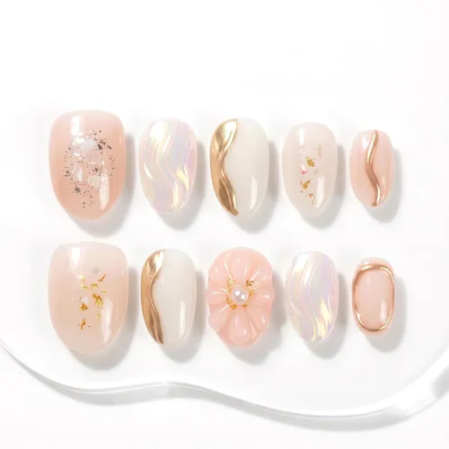 Sun&Beam Nails Puntas de uñas postizas hechas a mano, cortas, redondas, blancas, beige, dorado, espejo 3D, diseño de perlas, 10 unidades (#131 XS)
