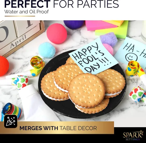 Miniatura 5 de Amcrate Platos de papel desechables negros, platos de postre de papel de 7 pulgadas, plato desechable fuerte y resistente para fiestas, cenas