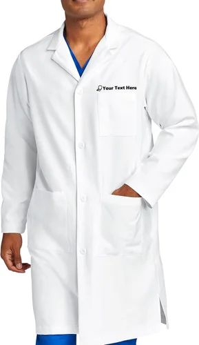 Abrigo de laboratorio bordado personalizado para hombres con icono de especialidad médica y nombre o texto, 13 colores de hilos con 3 bolsillos y