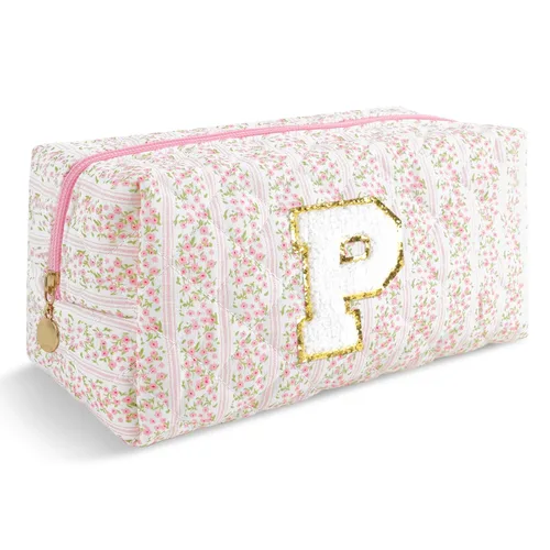 Miniatura 93 de Pequeña bolsa de maquillaje personalizada con inicial A-Z Preppy Patch, bolsa de cosméticos de viaje de felpilla blanca con cremallera, bonita bolsa