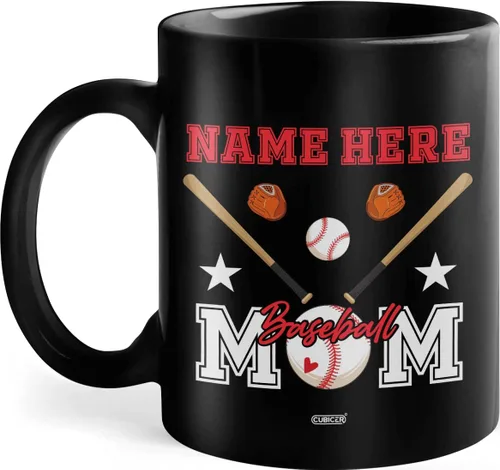 CUBICER Taza de café de cerámica negra personalizada, tazas de béisbol para mamá, con nombre personalizado, tazas grandes, regalos de cumpleaños de