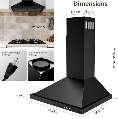 Miniatura 6 de FIREGAS Campana Extractora de 24 pulgadas Tipo Montaje en Pared con Conducto/Sin Conducto Convertible, 450 CFM Acero Inoxidable Campana de Cocina
