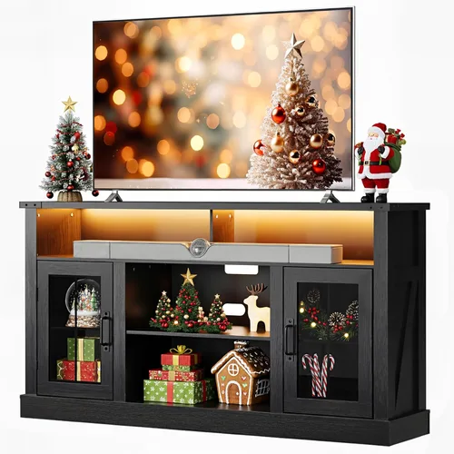 WLIVE Soporte de TV estilo granja para TV de 65 pulgadas, centro de entretenimiento alto con luces LED y gabinetes de almacenamiento, mesa consola