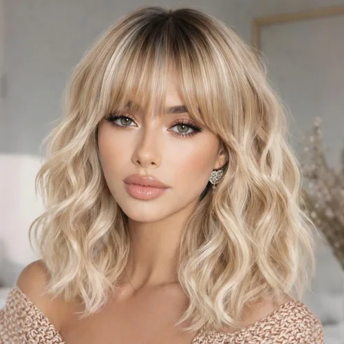 AISI HAIR Peluca rizada estilo Bob con flequillo, corta, ondulada, con raíces de ceniza, rubio platino y cálidas, con reflejos de miel, para mujer,