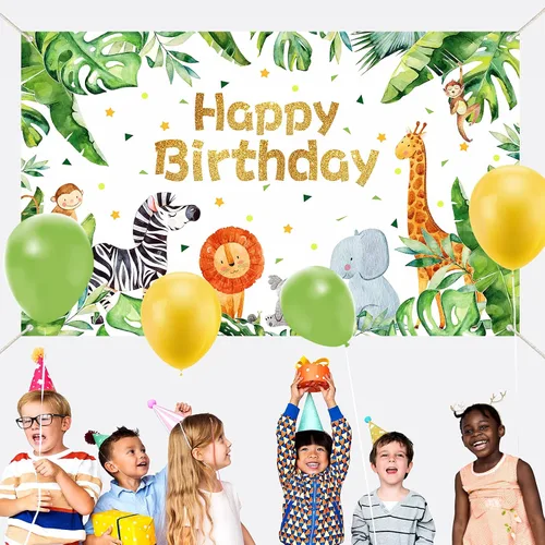 Miniatura 6 de Suministros para fiesta de cumpleaños de safari con temática de animales de la selva, telón de fondo, zoológico, animales, decoraciones de fiesta