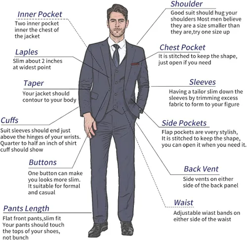 Miniatura 4 de MAGE MALE Traje negro de 3 piezas para hombre, elegante, liso, con un botón, ajustado, de un solo pecho, para fiesta, blazer y pantalones, Negro 0211