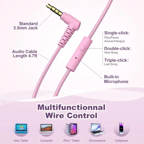 Miniatura 6 de Auriculares para niños, auriculares con cable para niños en la oreja con micrófono, limitador de volumen de 93 dB para niñas y niños, auriculares