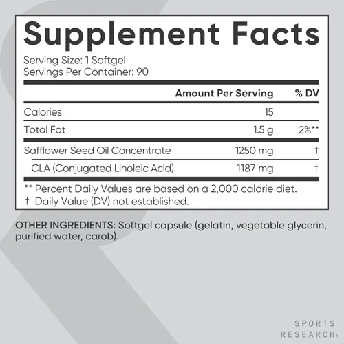 Miniatura 5 de Sports Research CLA - 1250 mg con ácido linoleico conjugado activo para hombres y mujeres Sin OMG, sin soja ni gluten, 95% (90 cápsulas blandas)