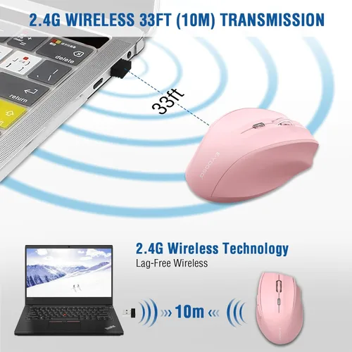 Miniatura 3 de E-YOOSO Ratón inalámbrico para portátil, ratón óptico portátil para computadora, 6 botones, inalámbrico 2.4GHz con receptor USB, 4800 DPI de 5 Rosa