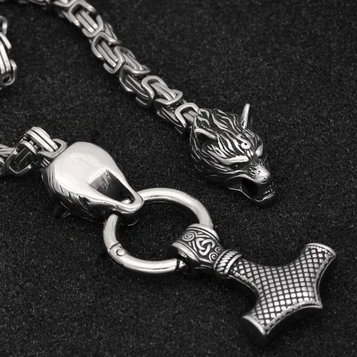 Miniatura 4 de GuoShuang Collar con colgante de cabeza de lobo con Thor Mjolnir Acero Inoxidable - Cadena King