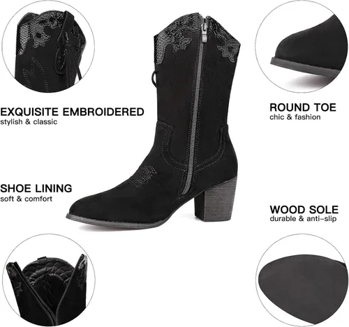 Miniatura 5 de SHIBEVER Botas vaqueras vaqueras para mujer botas occidentales negras para mujer, tacón alto, gamuza, cremallera, media pantorrilla