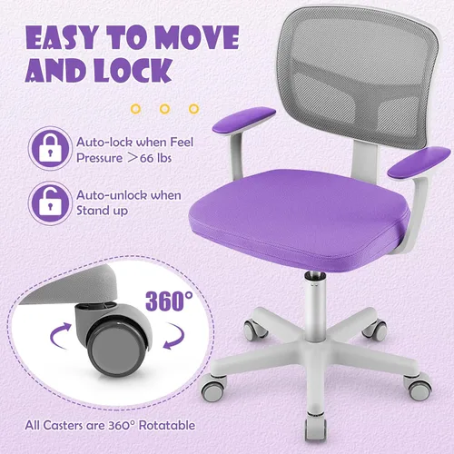 Miniatura 7 de GLACER Silla de escritorio para niños, silla de estudio giratoria de malla ajustable con ruedas, brazos, silla ergonómica para computadora