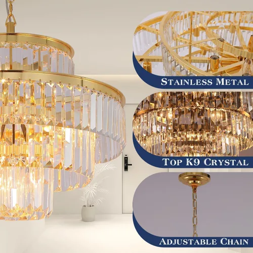 Miniatura 4 de Lámpara de araña moderna de cristal, lámpara de techo colgante de 4 niveles, accesorio de iluminación para comedor, sala de estar, vestíbulo, Dorado