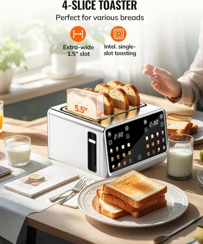 Miniatura 8 de Tostadora de 4 rebanadas con pantalla táctil, función de memoria y enfoque de una sola ranura, tostadora digital inteligente Keenstone de 1800 W