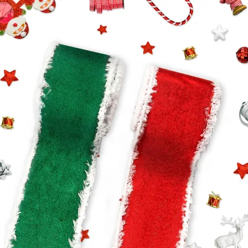 Miniatura 6 de Threetols 2 rollos de cintas de Navidad con borde con alambre de 10 yardas, cintas de arpillera de rayas rojas y verdes de 2.5 pulgadas, cinta
