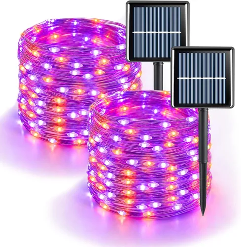 Miniatura 9 de QITONG Luces solares de Navidad multicolor para exteriores, paquete de 2 unidades de 200 luces LED solares de 66 pies cada uno, alambre plateado