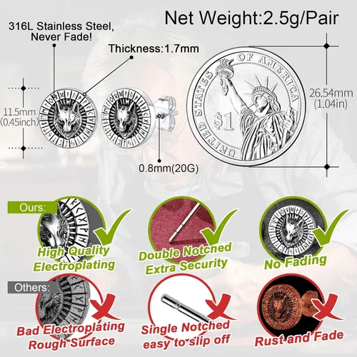 Miniatura 4 de FaithHeart Aretes de tuerca vikingos nórdicos para hombres y mujeres, de acero inoxidable, con diseño de valknutbrújulanudo celtacabeza de lobo