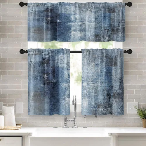 Emvency Juego de 3 cortinas de cocina de 36 pulgadas, cortinas de ventana de arte abstracto azul y gris, cortinas de ventana y cenefas de arte