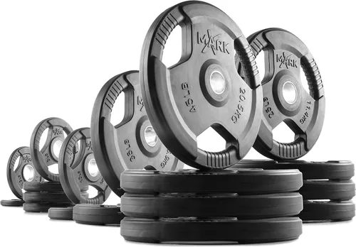 Miniatura 11 de XMARK TRI-GRIP - Par o juego de discos de peso olímpicos, pesas de ejercicio con revestimiento de goma para barra olímpica, juego de pesas