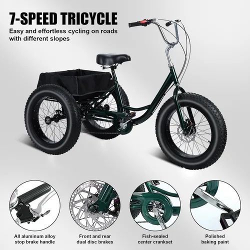Miniatura 3 de Triciclo para Adultos, Triciclo de Neumáticos Gruesos de 20 Pulgadas para Adultos, Triciclo para Adultos de 7 Velocidades 20x4 Triciclo