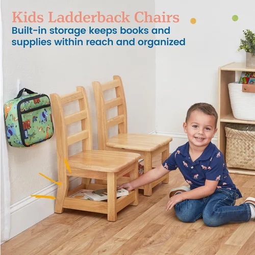 Miniatura 4 de ECR4Kids Silla de escalera de tres peldaños con almacenamiento, altura del asiento de 10 pulgadas, asiento de aula, natural, paquete de 2