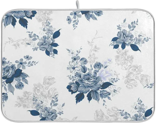 Tarity Tapete de secado de platos de flores azules de acuarela para encimera de cocina, absorbente, resistente al calor, tapete escurridor de platos