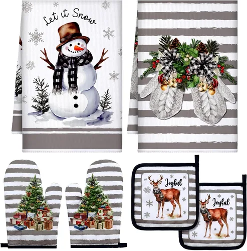 Miniatura 10 de Bencailor Juego de 6 Piezas Toallas de Cocina Navideñas Manoplas de Horno y Soportes para Ollas Tema Navideño Toallas de Platos Guantes de Horno