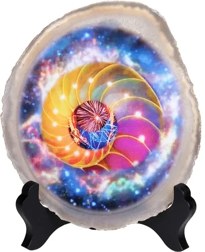 Rockcloud Colorida losa de ágata espacial con soporte de madera, forma irregular, ágata, rebanada de piedra, adorno de escritorio de oficina en