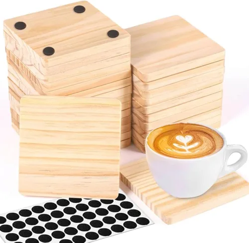 Paquete de 26 posavasos de madera sin terminar, posavasos cuadrados de madera en blanco de 4 pulgadas con puntos de silicona antideslizantes para