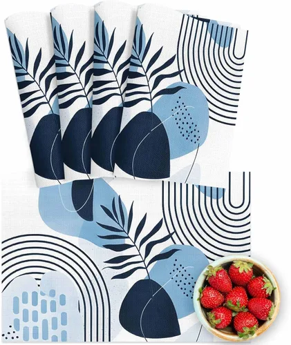 Miniatura 8 de Juego de 4 manteles individuales bohemios con hojas tropicales, de cloruro de polivinilo lavable, color azul, arte abstracto de siglo medio, plantas