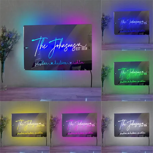 Miniatura 19 de Rompecabezas de nombre de familia personalizado, luz LED, espejo de corazón, espejo de dormitorio, espejo acrílico personalizado de 1 a 12 nombres