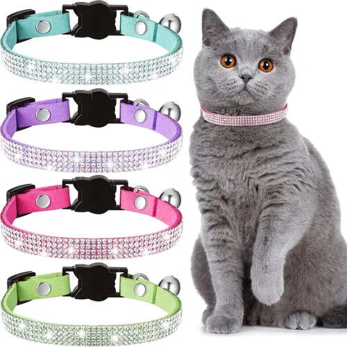 Miniatura 9 de Weewooday 4 collares de gato con diamantes de imitación, collar de gato con campana, accesorios brillantes para mascotas con terciopelo suave, 4