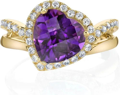 Miniatura 2 de Peora Anillo de corazón inclinado de amatista para mujer, oro amarillo de 14 quilates, piedra preciosa natural, forma de corazón de 2.25 quilates