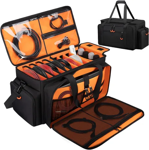 Miniatura 10 de Bolsa de cable para DJ con bolsillo para laptop y micrófono, bolsa de DJ para equipo y accesorios de música con divisores desmontables, almohadilla