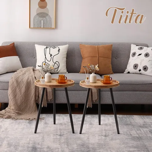 Miniatura 2 de Tiita Mesa auxiliar redonda mental, mesita de noche, mesas pequeñas de madera, mesa de centro con bandeja de madera para sala de estar, dormitorio