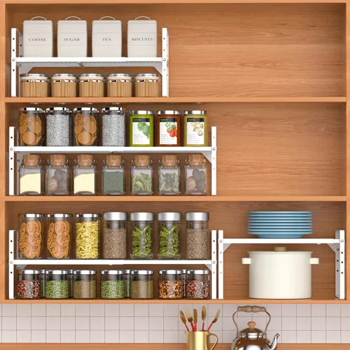 Miniatura 5 de Redrubbit Estante de almacenamiento ampliable para gabinete, altura ajustable, de metal, organizador de cocina, estantes para especias para cocina