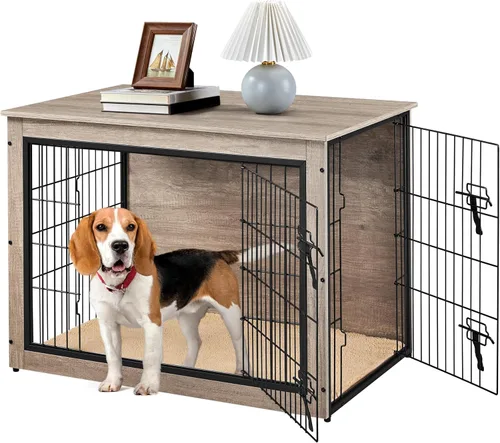 Miniatura 13 de Yaheetech 32" Mesa auxiliar de jaula para perros con cojín, jaula de madera para perros con puertas dobles/pies ajustables, mesa auxiliar lateral